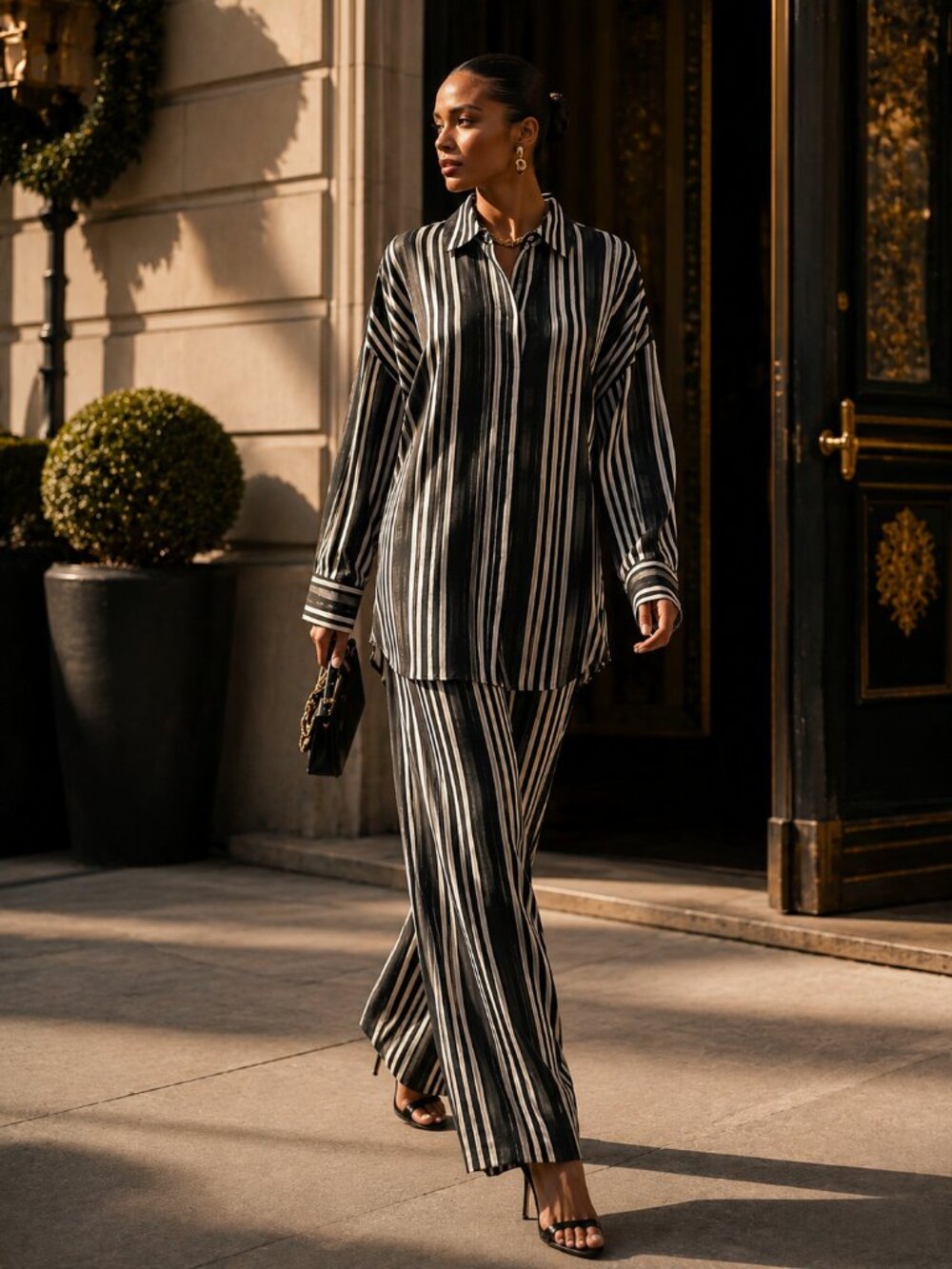 Pier Antonio Gaspari white and black striped set of a large pants and a shirt